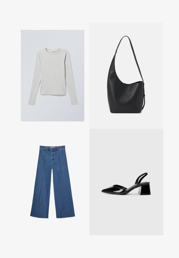 Svetlo siva majica s dugim rukavima napravljena od meke tkanine, s okruglim izrezom, standardnom krojem i minimalnom teksturom. Nema vidljivih uzoraka ili akcenata.; Jeans širokih nogavic v srednji modri barvi, z visokim pasom, gumbom in kontrastnimi navpičnimi šivi spredaj.; Črne lakirane slingback pete s koničastim nosom in geometrijsko blokasto peto. Imajo eleganten, minimalističen dizajn in gladko teksturo.; Črna usnjena hobo torba z gladko teksturo, ukrivljeno obliko in eno nastavljivo naramnico; ima širok odprtina na vrhu.