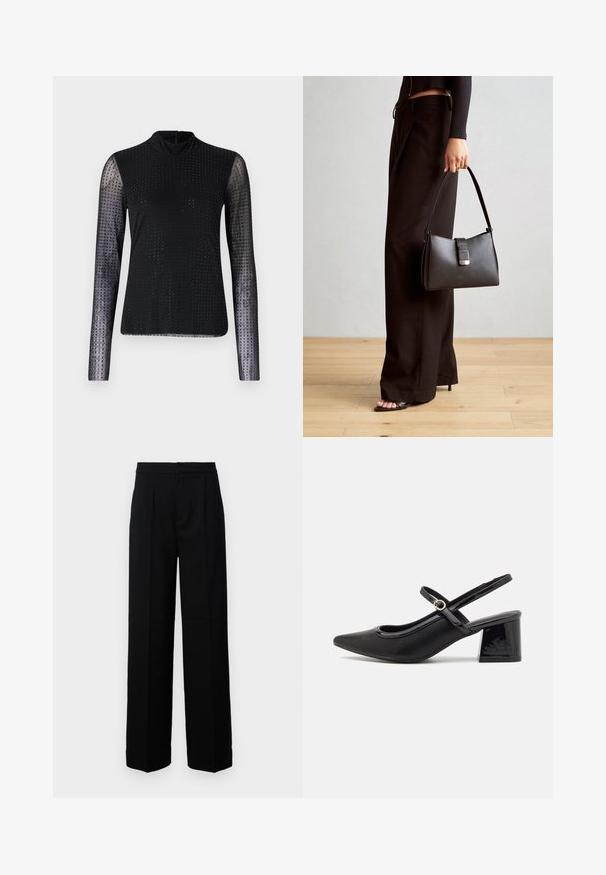 Black long-sleeve top featuring sheer mesh sleeves, a high neck, and a pattern of small dots across the body and sleeves.; Black wide-leg trousers with a smooth texture, featuring a flat front, pleats, and a tailored waistband. No visible hardware or patterns.; Black patent leather slingback heels with a pointed toe, a rounded cutout design, and a block heel. Features a gold-tone buckle accent.; Black handbag with structured shape, smooth texture, and a metallic clasp. Paired with wide black pants and open-toe sandals on wooden floor.
