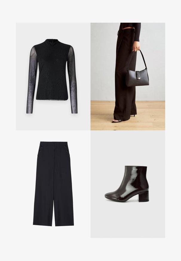 Crni dug sleeved top s prozirnim mrežastim rukavima, visokim ovratnikom i uzorkom malih točkica po tijelu i rukavima.; Hlače širokih nogavica od tamnoplave tkanine, s glatkom teksturom, prednjim ispupčenjima i dekorativnim zlatnim okovama na bočnim džepovima.; Crne lakirane čizme do gležnjeva s oblikom u obliku špice i debelim potplatom. Glatka tekstura s suptilnim sjajem i čistim linijama, minimalistički dizajn.; Crna torba s oblikom koji sadrži strukturu, glađu teksturu i metalnu kopču. Uparena s širokim crnim hlačama i sandalama na otvorenom s drvenog poda.