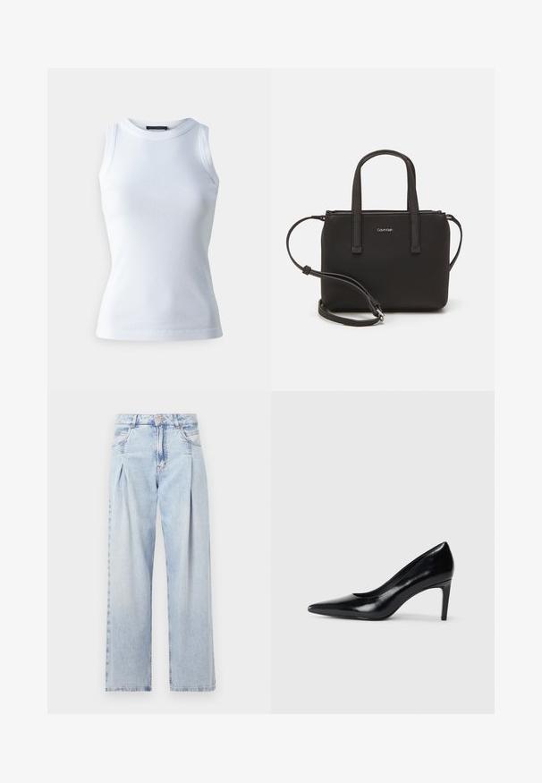 White sleeveless top made of ribbed fabric, featuring a round neckline and a fitted silhouette. Smooth texture, no visible patterns or accents.; Light blue denim jeans with a high waist, wide-leg cut, two side pockets, and pleated design feature. Soft texture with a faded finish.; Black leather high heel shoe with a pointed toe, smooth texture, and a tapered heel. Minimalist design, no additional embellishments.; Black handbag with dual short handles and a removable shoulder strap. Smooth leather-like material with a zip closure and logo detail.