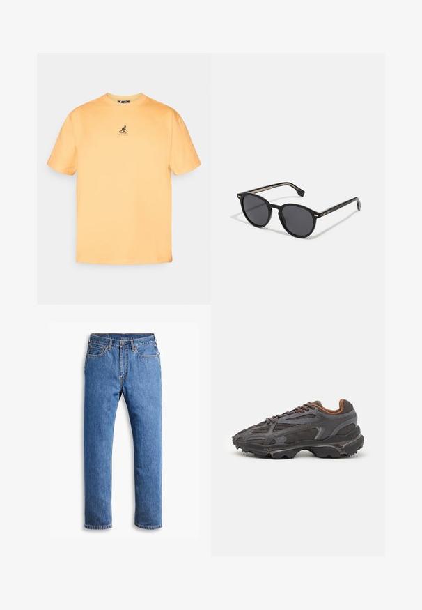 Rumena bombažna majica s kratkimi rokavi in okroglim izrezom, na prsih z črnim kenguru logotipom. Preprost in neokrašeni dizajn.; Modri traper hlače s ravnim krojem, ki imajo pet žepov, zapiranje na gumb in oranžne šive na čisti beli podlagi.; Lacoste teniske v temno sivi barvi z mrežasto in sintetično prevleko, s teksturiranim podplatom in rjavimi detajli na ovratniku ter blagovni znamki.; BOSS Sončna očala - black