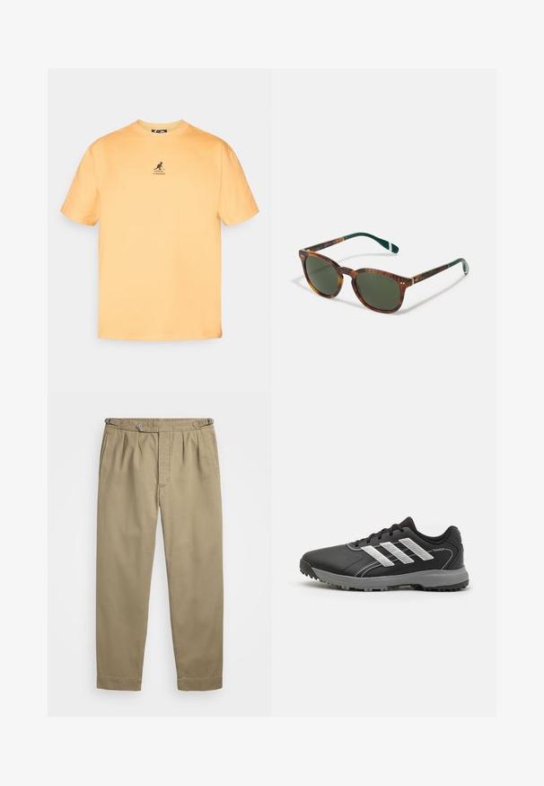 Camiseta de algodón amarilla con cuello redondo, mangas cortas y un logo de canguro negro en el pecho. Diseño simple y sin adornos.; Pantalones de tela ligera en color beige, con pliegues y cierre de botón, además de puños enrollados. Textura suave con líneas limpias.; Zapatilla deportiva negra con parte superior texturizada, franjas plateadas, cierre de cordones y suela de goma gris con picos de tracción.; Gafas de sol de carey con lentes verdes, forma redondeada, acentos dorados y brazos verde oscuro con una franja blanca.