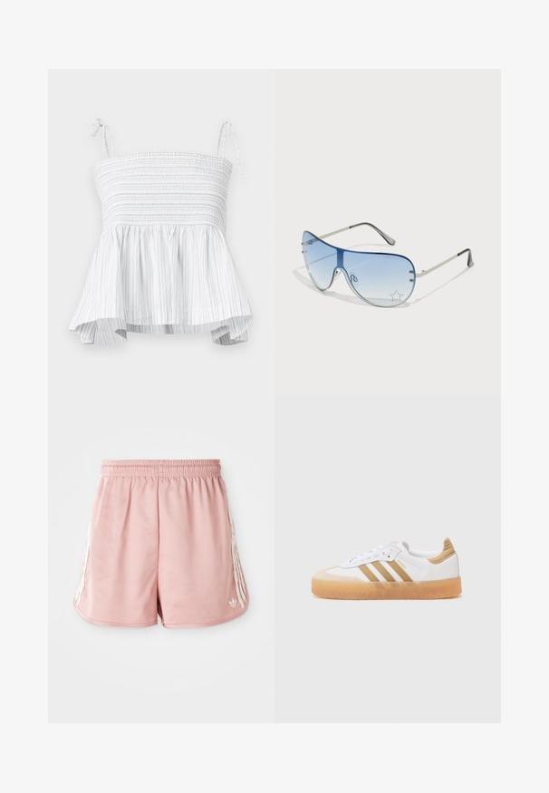 Top alb fără bretele, cu corsaj elastic și margine evazată. Prezintă dungi verticale de culoare gri deschis și bretele ajustabile pentru o potrivire sigură.; Șorturi atletice roz cu un bandă elastică la talie, detalii cu dungi albe pe lateral și un logo mic în partea stângă jos. Textură de material neted.; Sneaker alb cu accente bej, având trei dungi, vârf rotunjit și o talpă din cauciuc translucid. Materiale din piele netedă și textil.; Ochelari de soare aviator cu lentilă gradient albastră, ramă metalică argintie și accente decorative sub formă de stele pe lentilă. Design neted și elegant.
