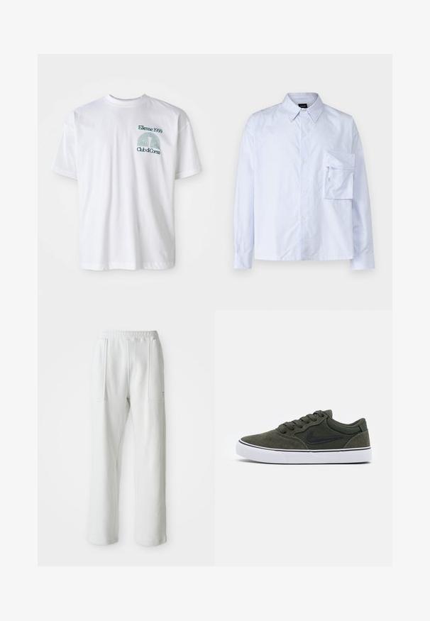 Λευκό βαμβακερό t-shirt με στρογγυλή λαιμόκοψη, κοντά μανίκια και κεντημένο κείμενο και γραφικό σε teal που διαβάζει "Ellesse 1959 Club di Corsa."; Ανοιχτό μπλε και λευκή ριγέ πουκάμισο με κουμπιά, φτιαγμένο από βαμβάκι. Διαθέτει τσέπη στο στήθος και κλασικό γιακά. Μακριά μανίκια με κουμπωτά μανίκια.; Λευκά casual παντελόνια με ελαστική μέση και μεγάλες μπροστινές τσέπες, τοποθετημένα σε απλή ανοιχτόχρωμη επιφάνεια.; Πράσινα σουέτ αθλητικά παπούτσια με μαύρες λεπτομέρειες και λευκή καουτσούκ σόλα; διαθέτουν κορδόνια, επενδεδυμένο κολάρο και ένα λογότυπο στο πλάι. Λείος υφή, χαμηλού ύψους σχέδιο.