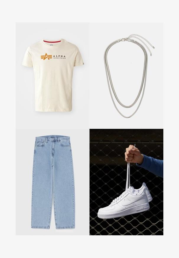 Kreemikaalane puuvillane T-särk, millel on ümar kaelus, lühikesed varrukad ja esipoolne logo oranžis ja mustas värvitoonis. Tekst: "ALPHA INDUSTRIES."; Heled sinise denimi sirgete põlvede lõikega teksad, millel on keskmise kõrgusega vöökoht, viis taskut ning nööbid ja tõmblukk.; Valged nahast tennisetossud, millel on perforatsioonid, ümar nina, lame tallus ja paksud nöörid, nähtava swooshi logoga ja "AIR" kontsadel.; Kolmekihiline hõbedane metallkaelakee, mis on valmistatud peentest, paindlikest kettidest kerge läikega, kinnitatud krabi sulguri ja reguleeritava ketiga.