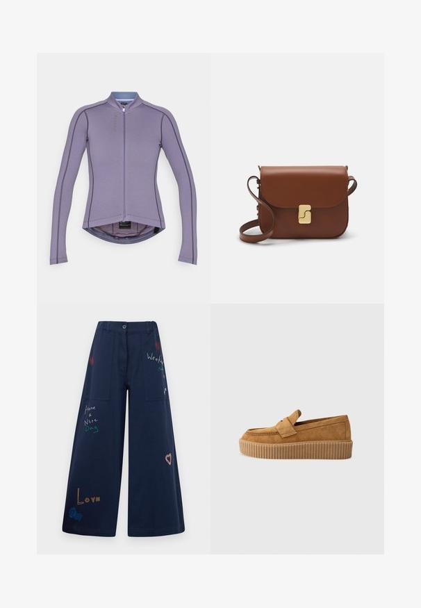 Purple long-sleeve cycling jersey with a high collar, front zipper, and contrasting stitching. Features a rounded hem and breathable fabric.; Navy blue wide-leg pants in cotton with multiple pockets. Features colorful embroidered text and graphics including hearts and playful phrases.; Brown suede loafer with a round toe, featuring a ribbed platform sole and a decorative strap across the upper.; Brown leather handbag with a flap closure, gold-tone hardware, a shoulder strap, and a smooth texture. Compact rectangular shape.