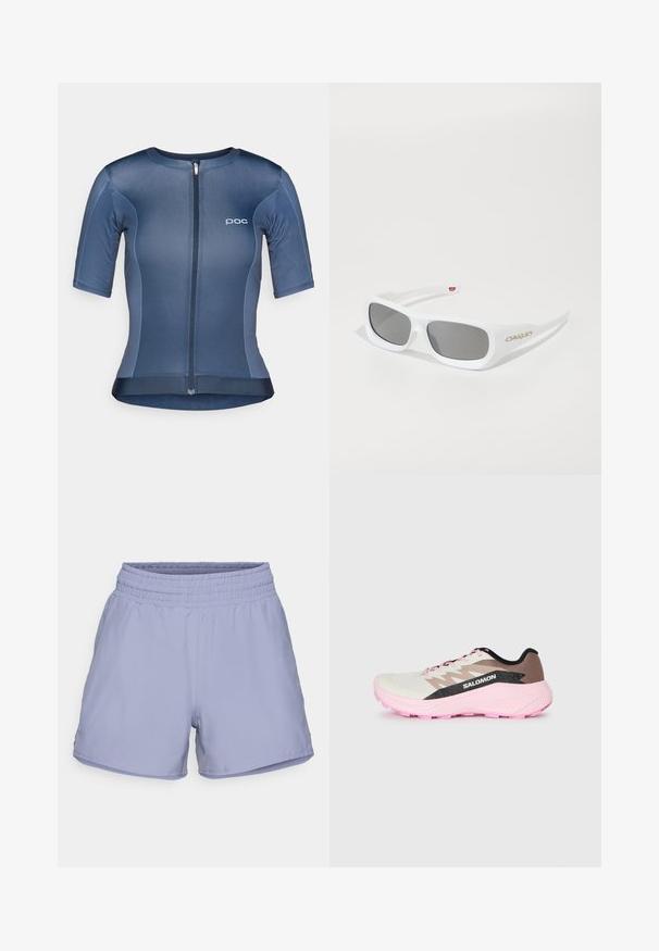 Maillot de cyclisme à manches courtes en tissu bleu lisse et extensible, avec une fermeture éclair à l'avant, un logo POC et un ourlet légèrement arrondi.; Shorts de sport violet clair avec une taille élastique, tissu lisse et fentes latérales pour une meilleure mobilité. Pas de logos ni de motifs visibles.; Chaussure de running légère en blanc, marron et rose. Présente un dessus respirant, des accents gris texturés et une semelle en caoutchouc rose.; Lunettes de soleil rectangulaires blanches Oakley avec des verres foncés reposant sur une surface blanche, logo visible sur le côté.