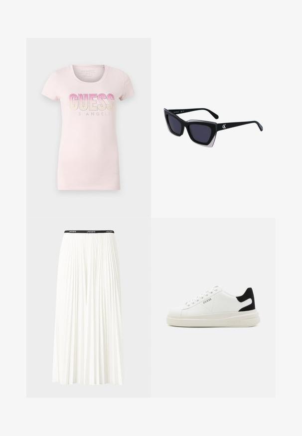 Camiseta de algodón de color rosa claro con cuello redondo, mangas cortas y texto decorativo en degradado "GUESS LOS ANGELES" con acentos de strass.; Falda blanca plisada con una cinturilla elástica negra que presenta el logotipo "LACOSTE". Diseño de longitud media con textura suave.; Zapatillas blancas de cuero con una suela blanca gruesa, acento en el talón de ante negro y logo grabado en el lateral. Diseño de cordones con seis ojales.; Gafas de sol negras de gran tamaño con una forma geométrica, que presentan lentes oscuros y un detalle gris contrastante en la montura. Logo en la pata.