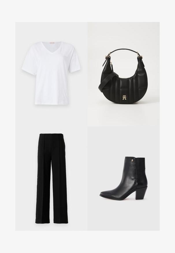 Tricou alb cu mânecă scurtă și guler în V, fabricat din bumbac moale, având un detaliu discret cu logo pe piept. Textură netedă și uniformă.; Pantaloni negri cu talie înaltă și picioare largi, cu pliseuri frontale, prezentati pe un fundal alb simplu.; Botină din piele neagră până la gleznă, cu vârf ascuțit, panouri laterale elastice și toc pătrat. Prezintă un mic accent cu logo auriu.; Geantă de mână din piele neagră, cu o formă curbată, textură matlasată și accesorii aurii. Dispune de o curea pentru umăr detașabilă și detalii cu logo.