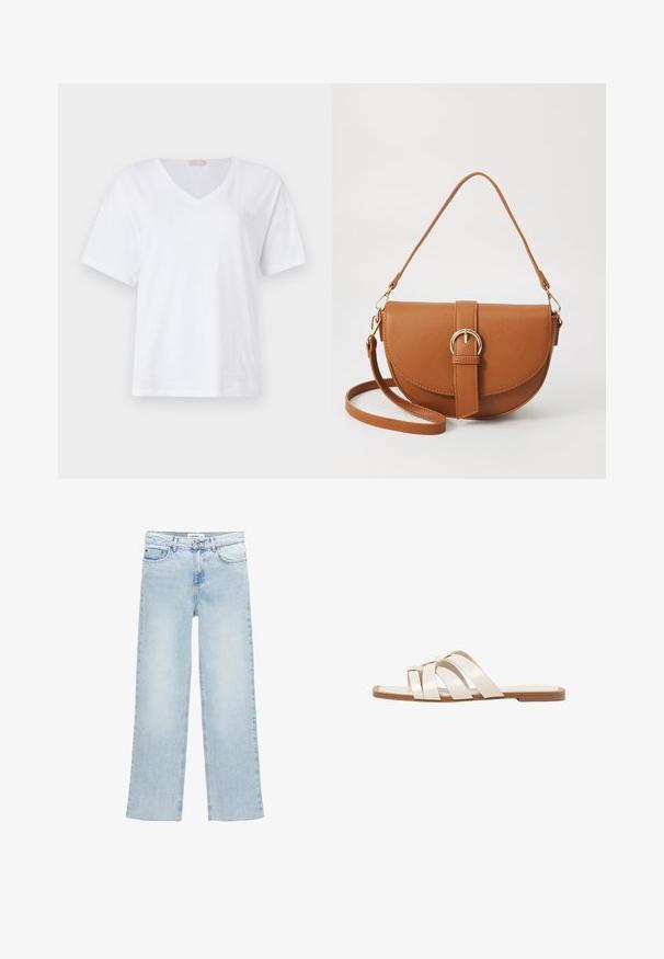 Bela kratka majica z V-izrezom iz mehkega bombaža, ki ima diskretno logotipno podrobnost na prsih. Ravna, gladka tekstura.; Svetlo modri široki džins hlače iz denima z visokim pasom, petimi žepi in gumbom za zapiranje. Imajo minimalne šive.; Ravne sandale s svetlo rjavim gumijastim podplatom, zasnovane s tremi prekrivajočimi se belimi usnjenimi trakovi in majhnim lokom na sredini.; Rjava usnjena torbica prek telesa s ukrivljeno obliko, zlate opreme in sponko. Ima odstranljiv naramni trak.