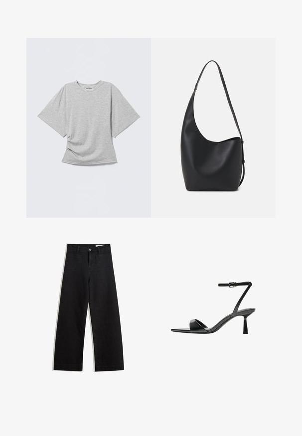 Tricou gri cu mâneci scurte din țesătură moale, cu croială lejeră, decolteu rotund și detaliu răsucit în talie.; Pantaloni din denim negri cu picioare largi, cu talie înaltă, având buzunare frontale și posterioare, cusături dublate și închidere cu nasture. Textură netedă.; Bershka Sandale cu toc - black; Geantă hobo din piele neagră, cu o textură netedă, formă curbată și un singur bretele ajustabil; are o deschidere largă în partea de sus.