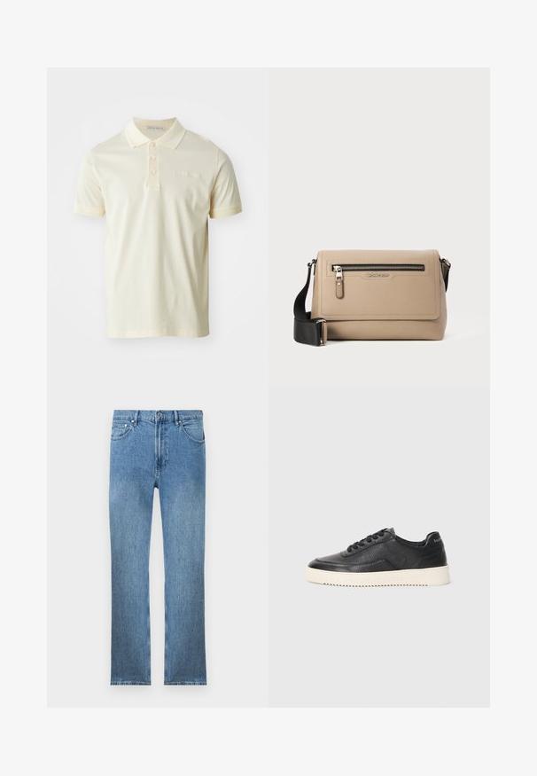 Polo tričko v svetložltej farbe, vyrobené z mäkkej bavlny. Má klasický golier, tri gombíky a krátke rukávy. Diskrétne logo značky na hrudi.; Svetlomodré džínsy s rovnom strihom, piatimi vreckami, zipsom a kontrastným prešívaním. Tkanina má hladký, textúrovaný povrch.; Čierne kožené tenisky s textúrovaným povrchom, okrúhlou špičkou a plochou bielou gumovou podrážkou. Obsahujú čierne šnúrky a značku na päte.; Béžová kožená kabelka cez rameno s textúrovaným povrchom, predným zipsovým vreckom a nastaviteľným čiernym popruhom. Logo zobrazené na prednej strane.