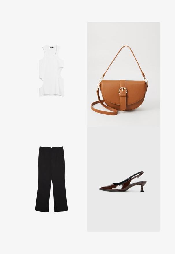 Valkoinen ilman hihoja oleva paita, joka on valmistettu pehmeästä kankaasta ja jossa on leikattuja sivuja sekä pyöreä kaula-aukko. Yksinkertainen muotoilu ilman kuvioita tai yksityiskohtia.; Mustat housut suoralinjaisella leikkauksella, joissa on etutaskut ja sivurei'ät helman alla. Valmistettu pehmeästä ja sileästä kankaasta. Sopii eri tilaisuuksiin.; Ruske patentin nahkalijatke sa špicastim nosom i umjerenom petom. Sadrže remen s kopčom za sigurno pristajanje. Glatka tekstura.; Ruskean nahkainen olkalaukku, jossa on kaareva muoto, kultaiset yksityiskohdat ja solkiyksityiskohta. Varustettu irrotettavalla olkahihnalla.