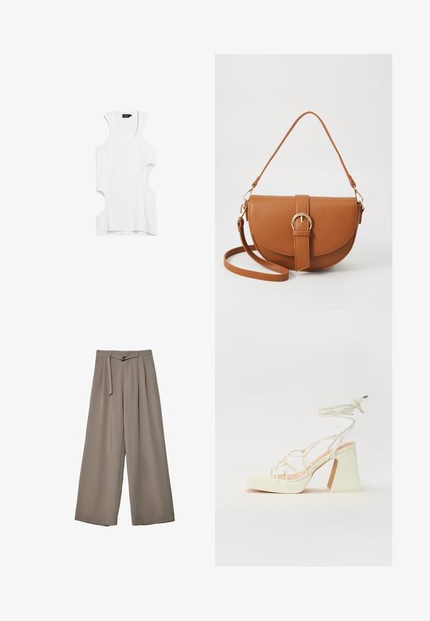 Valkoinen ilman hihoja oleva paita, joka on valmistettu pehmeästä kankaasta ja jossa on leikattuja sivuja sekä pyöreä kaula-aukko. Yksinkertainen muotoilu ilman kuvioita tai yksityiskohtia.; Suurille lahkeille housuille pehmeässä, hillityssä harmaassa kankaassa, jossa on vyötäröllä vyö ja lisää muotoilun yksityiskohtia kuploissa. Sileä rakenne, ei kuvioita.; Valkoinen korkokenkä, jossa on paksu korko, ja joka sisältää nauhakiinnityksen ja nilkkaketjun. Sujuva pinta, jossa on platform-etupohja lisäkorkeutta varten.; Ruskean nahkainen olkalaukku, jossa on kaareva muoto, kultaiset yksityiskohdat ja solkiyksityiskohta. Varustettu irrotettavalla olkahihnalla.