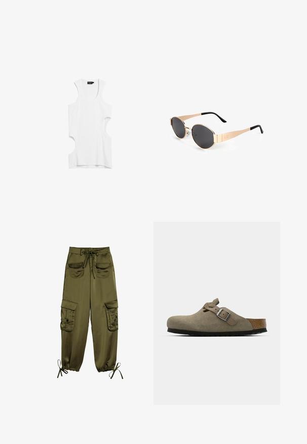 Biela bezrukávová blúzka vyrobená z mäkkého materiálu, s výrezmi na bokoch a okrúhlym výstrihom. Jednoduchý dizajn bez vzorov alebo akcentov.; Olivovo zelené cargo nohavice vyrobené z hladkého materiálu, s dvoma prednými vreckami, nastaviteľným pásom a elastickými manžetami s viazaniami pri členkoch.; Semšové dreváky v svetlej olivovej farbe s tvarovanou korkovo-gumenou podrážkou. Obsahujú bočný remienok s kovovou prackou a zaoblenú špičku.; Okuliare v zlatej farbe v oválnom tvare s tmavými šošovkami, ktoré majú štýlový dizajn, tenké ramienka a čierny akcent na spánku. Model číslo L37.