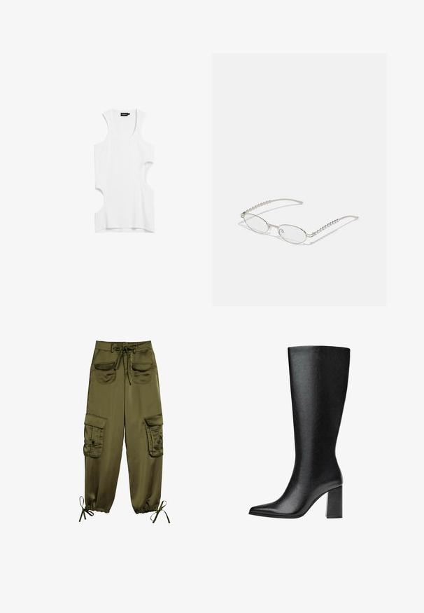 Bijela bezrukavna bluzica izrađena od mekog materijala, s izrezanim stranama i okruglim izrezom. Jednostavan dizajn bez uzoraka ili naglasaka.; Maslinaste vojne hlače izrađene od glatkog materijala, s dva prednja džepa, podesivim pojasom i elastičnim manžetama s vezanjem na gležnjevima.; Crne čizme do koljena napravljene od umjetne kože s šiljastim vrhom, glatkom teksturom i debelom blok petom. Minimalistički dizajn bez vidljivih akcenata.; Ovalne naočale s metalnim srebrnim okvirom, prozirnim staklima i teksturiranim bisernim detaljima na krakovima. Lagani dizajn s zakrivljenim krakovima.