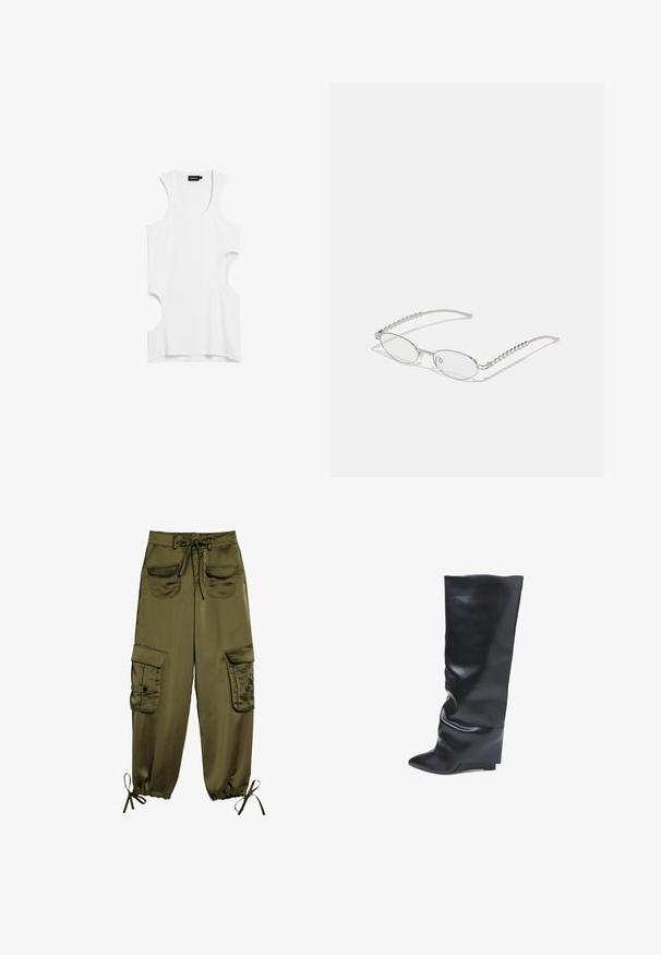 Biała, bezrękawnikowa bluzka z miękkiego materiału, z wyciętymi bokami i okrągłym dekoltem. Prosty design, bez wzorów czy akcentów.; Oliwkowe spodnie cargo wykonane z gładkiego materiału, z dwoma przednimi kieszeniami, regulowanym paskiem w talii oraz elastycznymi mankietami ze sznurkami przy kostkach.; Bata - Kozaki na koturnie; Owalne okulary z metaliczną srebrną ramą, przezroczystymi soczewkami oraz teksturowanymi akcentami na zausznikach w formie koralików. Lekka konstrukcja z wygiętymi ramionami.