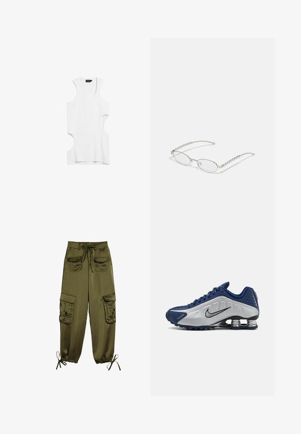 Valkoinen ilman hihoja oleva paita, joka on valmistettu pehmeästä kankaasta ja jossa on leikattuja sivuja sekä pyöreä kaula-aukko. Yksinkertainen muotoilu ilman kuvioita tai yksityiskohtia.; Vihreät cargo-housut sileästä kankaasta, joissa on kaksi etutaskua, säädettävä vyötärönauha ja joustavat hihnat nilkoissa.; Siniset ja hopeiset urheilujalkineet, joissa on teksturoitu päällinen, reikiä ja kaareva pohja, jossa on metalliset vaimennuselementit. Musta logo-aksentti.; Silmät ovalit metalliväriset hopeakehyksiset, kirkkailla linsseillä ja tekstuurilla varustetuilla helmille. Kevyt muotoilu kaarevilla varsilla.