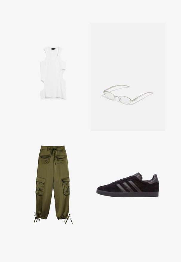 Top bianco senza maniche realizzato in tessuto morbido, con fianchi sagomati e scollo rotondo. Design semplice senza motivi o dettagli.; Pantaloni cargo verde oliva realizzati in tessuto morbido, dotati di due tasche frontali, cintura regolabile e polsini elasticizzati con lacci alle caviglie.; Sneaker nere in suede con suole in gomma testurizzata, dotate di tre strisce in pelle nera, punta arrotondata e collo imbottito alla caviglia.; Occhiali ovali con una montatura in metallo argentato, lenti trasparenti e decorazioni sui templi in perline texturizzate. Design leggero con bracci curvi.