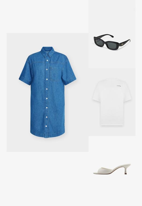 T-shirt bianco in cotone con maniche corte, scollo rotondo e piccolo logo in testo nero sul lato sinistro del petto. Tessuto liscio e vestibilità standard.; Camicia in denim a maniche corte di colore azzurro brillante, con patta con bottoni, taschino sul petto singolo e orlo dritto. Tessuto morbido.; Mule con tacco alto, aperti davanti e di colore bianco, con una finitura liscia, design minimalista e tacco slanciato, caratterizzati da un sottile accento marrone sulla suola.; Occhiali da sole rettangolari neri con lenti scure, realizzati in plastica liscia. Presentano un accento con logo dorato su un asticella.; Borsa intrecciata color cammello con manico arrotondato, realizzata in morbida pelle. Presenta una chiusura con zip e un intricato motivo a cesto.