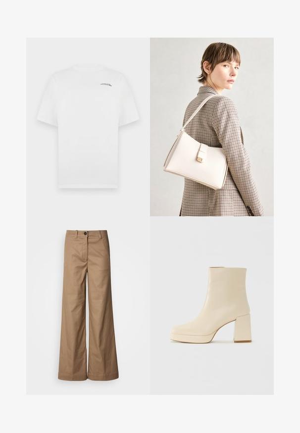 Bela bombažna majica s kratkimi rokavi, okroglim izrezom in majhnim črnim logotipom na levi prsih. Gladka tekstura in standardna prileganje.; Hlače širokih nogavica iz gladkega, svetlo rjavega materiala. Imajo sprednje zapiranje na gumb, pasne zanke in stranske žepe. Čiste linije brez vidnih vzorcev.; Bež usnjena gležnjarica z blok peto in platformo, gladka površina in rahlo kvadratni prst, obrnjena levo na belem ozadju.; Bela usnjena torba s strukturirano zasnovo, opremljena z magnetnim zapiranjem in naramnico, prikazana na nevtralni ozadju.