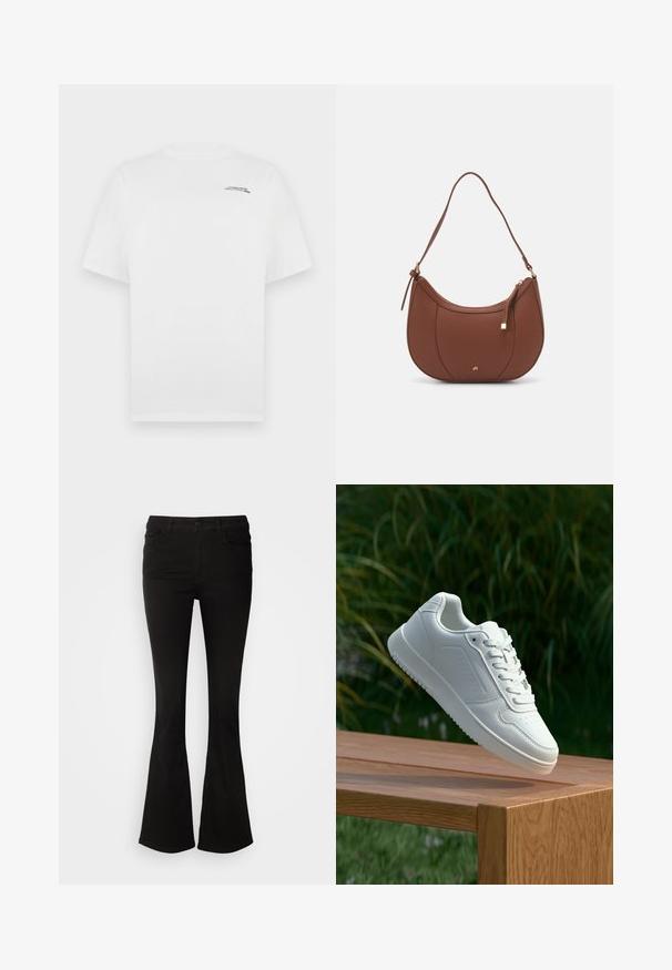 Weißes Baumwoll-T-Shirt mit kurzen Ärmeln, Rundhalsausschnitt und kleinem schwarzen Textlogo auf der linken Brust. Glatte Textur und Standardpassform.; Schwarze, ausgestellte Hose aus Stretchmaterial, mit einem Bund mit Gürtelschlaufen und Fronttaschen, glatter Textur und taillierter Passform bis zum Knie.; Weiße Sneaker mit einem glatten, synthetischen Obermaterial, perforierter Zehenbox, flachen Schnürsenkeln und einer strukturierten Sohle, präsentiert auf einer Holzoberfläche.; Braune Kunstleder-Schultertasche mit geschwungener Form, minimaler Naht und goldfarbener Hardware-Akzent. Verfügt über einen oberen Reißverschluss und einen verstellbaren Trageriemen.