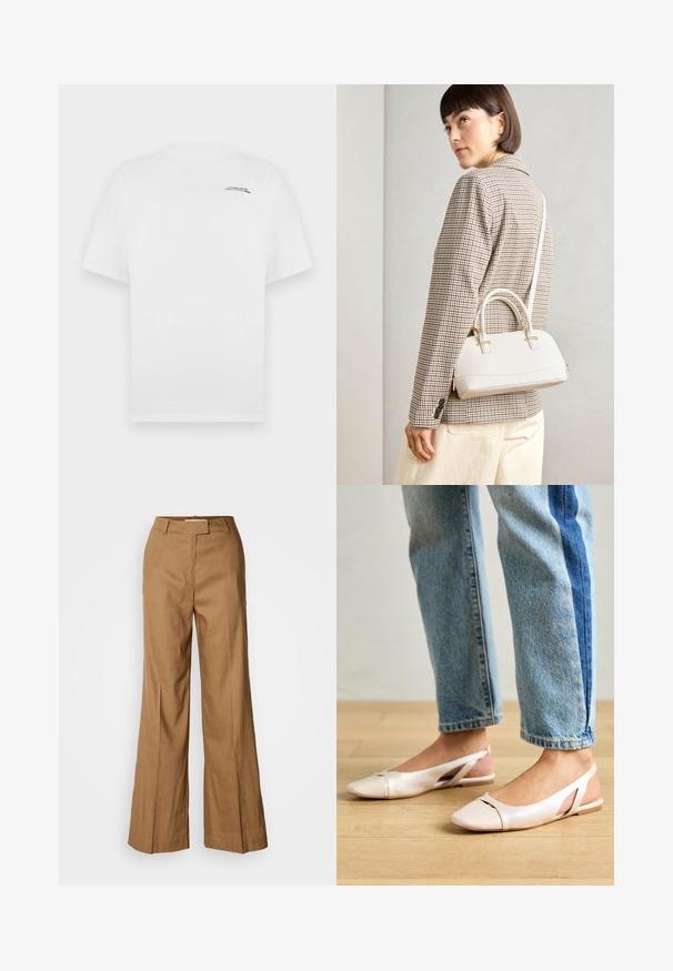 White cotton t-shirt with short sleeves, crew neckline, and small black text logo on the left chest. Smooth texture and standard fit.; Brown wide-leg pants made of lightweight fabric. Features a flat front, belt loops, and a tailored silhouette with an ankle-length cut.; Pale pink slingback flats with a pointed toe, made from a smooth leather-like material. Features cut-out details at the sides and a flat heel.; White structured handbag with short handles and a shoulder strap, featuring gold hardware accents and textured material, displayed against a grey background.