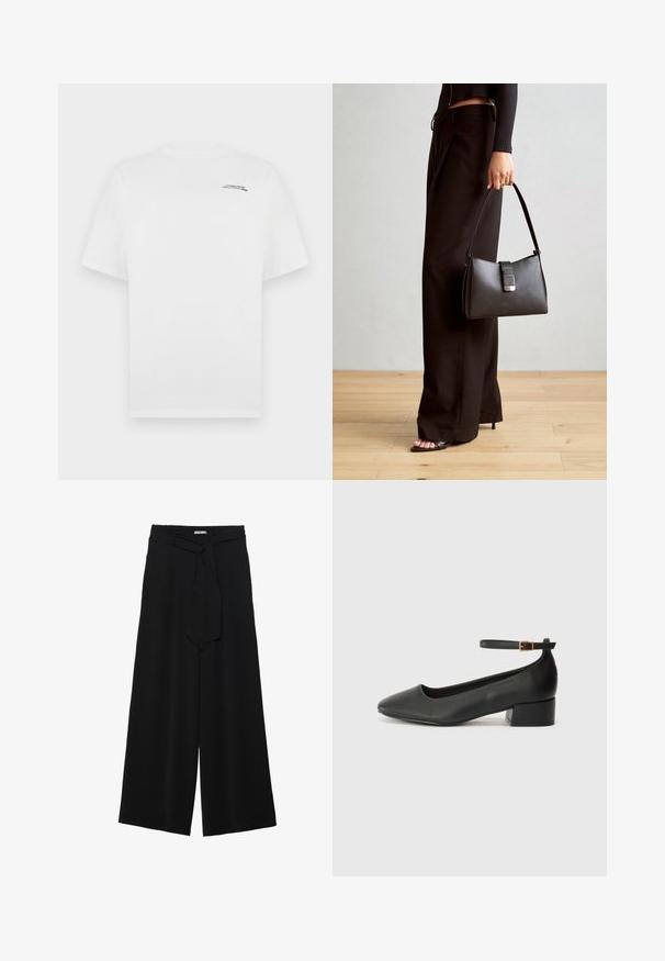 Bílý bavlněný tričko s krátkými rukávy, kulatým výstřihem a malým černým textovým logem na levé části hrudi. Hladká textura a standardní střih.; Černé kalhoty s širokými nohavicemi, vyrobené z texturované tkaniny, s elastickým pasem a odnímatelným páskem na úpravu velikosti.; Černé kožené lodičky s špičatou špičkou a nízkým blokovým podpatkem. Obsahují pásek kolem kotníku se zlatou sponou. Hladký povrch.; Černá kabelka se strukturovaným tvarem, hladkým povrchem a kovovým uzávěrem. Kombinována s širokými černými kalhotami a sandály s otevřenou špičkou na dřevěné podlaze.