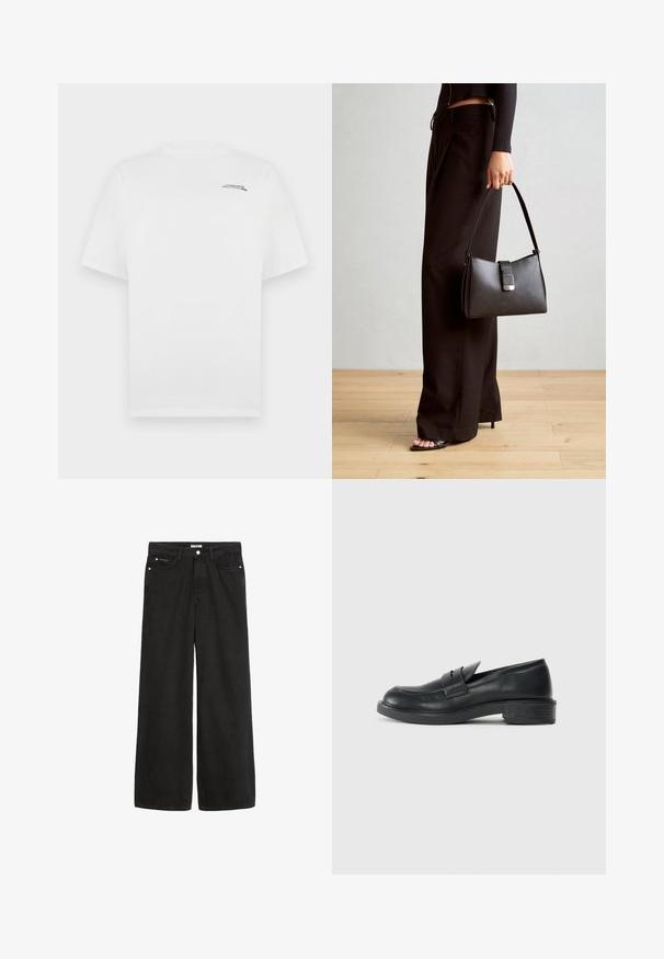 Fehér pamut póló rövid ujjakkal, kerek nyakkivágással és kis fekete szöveges logóval a bal mellrészen. Sima textúra és standard fazon.; Széles lábú fekete farmernadrág magas derékkal. Öt zseb, fémalkatrészek és letisztult kivitel jellemzi. A textúra sima és puha.; Fekete bőr loaferek kerek orral, varrott részletekkel és kis sarkal. Sima textúrájúak és rugalmas gumitalppal rendelkeznek.; Fekete kézi táska strukturált formával, sima textúrával és fémből készült záródással. Széles fekete nadrággal és nyitott orrú szandállal párosítva, fából készült padlón.