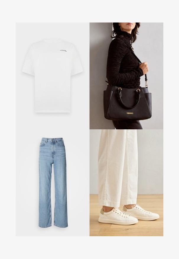 White cotton t-shirt with short sleeves, crew neckline, and small black text logo on the left chest. Smooth texture and standard fit.; Light blue high-waisted jeans with a straight leg, made of denim, featuring a front button closure and subtle fading details.; Cream-colored sneakers with textured fabric upper, contrasting beige heel, and flat rubber sole. Laced design with six eyelets.; Black handbag with textured surface, dual top handles, and adjustable shoulder strap. Features gold-tone hardware and side pockets.