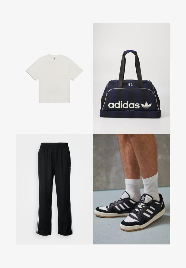 Biela tričko s krátkym rukávom vyrobené z mäkkej bavlny. Má okrúhly výstrih a voľný strih. Minimálne logo viditeľné pod golierom.; Čierne športové nohavice s elastickým pásom, s bielymi bočnými prúžkami a malým logom. Materiál vyzerá byť mäkký a ľahký.; Čierno-biele tenisky s vrchom z semišu a kože, s troma bielymi pruhmi, perforovanou špičkou a gumovou podrážkou.; Námorný športový vak s bielym logom Adidas, s uzatváraním na zips, dvoma pevným čiernymi uchami a bočnými sieťovanými vreckami. Hladký textúra látky.