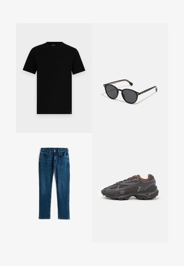 Črna bombažna majica s krožnim izrezom in kratkimi rokavi. Ima majhno oznako na robu. Gladka tekstura in standardna kroj.; Temno modri jeans, ravnega kroja, s petimi žepi, z diskretnim obrabljenim videzom in kontrastnim šivanjem, kovinsko dugovanje in zadrgo.; Lacoste teniske v temno sivi barvi z mrežasto in sintetično prevleko, s teksturiranim podplatom in rjavimi detajli na ovratniku ter blagovni znamki.; BOSS Sončna očala - black