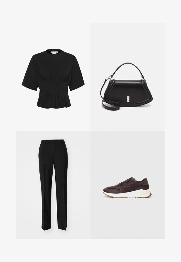 Svart kortermet topp med rund halslinning, med plisserte detaljer og et tilpasset liv som vidder ut i kanten. Laget av mykt stoff.; Sorte skreddersydde bukser med rett silhuett, med en glatt tekstur og klare pressede bretter foran. Ingen synlig maskinvare.; Mørkebrune sneakers med svart kant, preget logo på siden, hvit tykk såle og gummifarget yttersåle på en enkel bakgrunn.; Sort lærveske med en strukturert design, som har en avkortet form, topphåndtak og detaljer i gull. Justerbar skulderstropp inkludert.