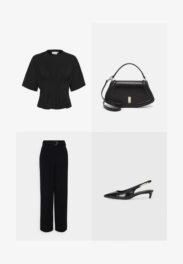 Black short-sleeve top with a round neckline, featuring pleated detailing and a fitted bodice that flares at the hem. Made of soft fabric.; Black tailored pants with a wide-leg silhouette, featuring a belt with a silver buckle, pleats, and a smooth fabric texture.; Black leather slingback heels with a pointed toe, featuring a slim heel and a gold-tone accent on the adjustable strap. Smooth texture.; Black leather handbag with a structured design, featuring a cropped shape, top handle, and gold hardware accent. Adjustable shoulder strap included.