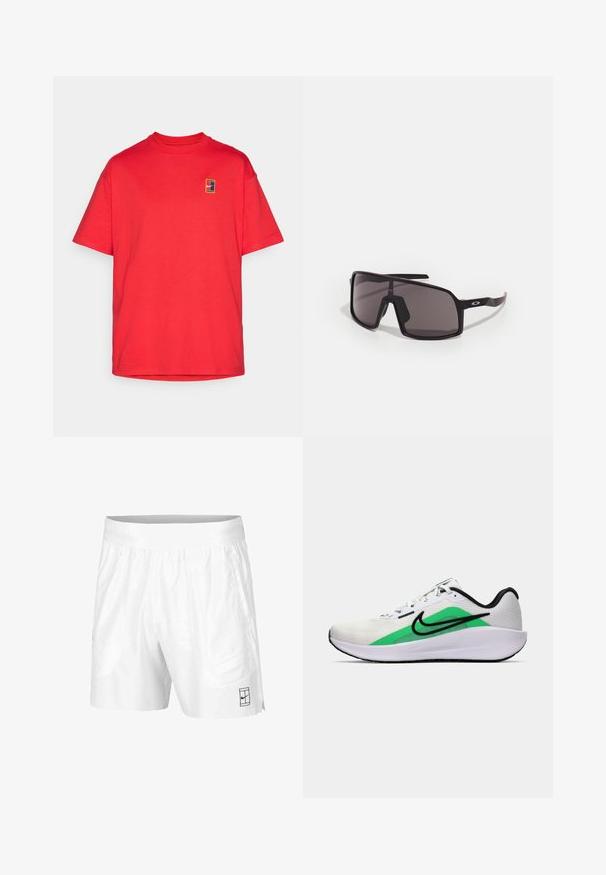 Punainen puuvillapaita, jossa on pyöreä kaula-aukko, lyhyet hihat ja pieni logopatch, jossa on monivärinen kuvio vasemmassa rinnassa.; Valkoiset urheilushortsit, jotka on valmistettu kevyestä kankaasta, joustovyötäröllä. Siinä on kaksi sivutaskua ja pieni musta logo helman kohdalla.; Valkoinen urheilukenkä, jossa on vihreä yksityiskohta, musta logo, verkkomateriaali päälliosassa, pehmustettu pohja ja pyöreä korko. Sisältää nauhat ja kontrastiväriä.; Mustat suorakulmaiset aurinkolasit tummilla linsseillä, leveällä kehykellä ja hoikilla mustilla varsilla. Temppeleissä logo. Sujuva pinta.