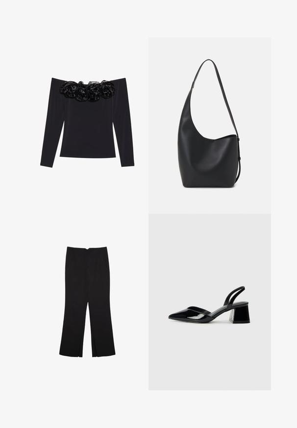 Črna bluza brez naramnic z dolgimi rokavi, ki ima teksturiran cvetlični obseg iz črnega žameta ob izrezu.; Črne hlače ravnega kroja z naglavnimi žepi in stranskimi razporki na robu. Narejene iz mehke, gladke tkanine. Primerne za različne priložnosti.; Črne lakirane slingback pete s koničastim nosom in geometrijsko blokasto peto. Imajo eleganten, minimalističen dizajn in gladko teksturo.; Črna usnjena hobo torba z gladko teksturo, ukrivljeno obliko in eno nastavljivo naramnico; ima širok odprtina na vrhu.