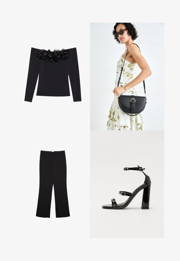 Schwarzes Off-Shoulder-Oberteil mit langen Ärmeln, das einen strukturierten floralem Besatz aus schwarzem Samt am Ausschnitt aufweist.; Schwarze Hose mit geradem Schnitt, ausgestattet mit Fronttaschen und Seitenschlitzen am Saum. Hergestellt aus weichem, glattem Stoff. Geeignet für verschiedene Anlässe.; Schwarze patentierte Sandalen mit Absatz, quadratischer Spitze, Knöchelriemen und silbernen Schnallen. Mit einem stabilen Blockabsatz für mehr Stabilität.; Schwarze Lederhandtasche mit geschwungener Form, abnehmbarem Tragegurt und goldenen Beschlägen. Die Tasche verfügt über einen Deckel mit einer Schnallen-Details.