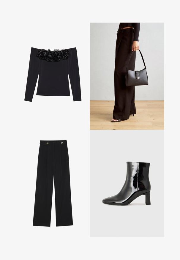 Črna bluza brez naramnic z dolgimi rokavi, ki ima teksturiran cvetlični obseg iz črnega žameta ob izrezu.; Črne široke hlače s visokim pasom, gumbnimi detajli na pasu in sprednjimi gubami.; Črne lakirane gležnjarje z ošiljenim nosom in srednje visokim blokastim peto. Gladka tekstura in minimalističen dizajn.; Črna torbica z strukturirano obliko, gladko teksturo in kovinskim zaponko. Ujemajo se z širokimi črnimi hlačami in odprtimi sandali na lesenem tleh.