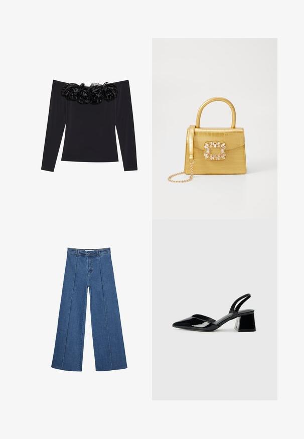 Črna bluza brez naramnic z dolgimi rokavi, ki ima teksturiran cvetlični obseg iz črnega žameta ob izrezu.; Jeans širokih nogavic v srednji modri barvi, z visokim pasom, gumbom in kontrastnimi navpičnimi šivi spredaj.; Črne lakirane slingback pete s koničastim nosom in geometrijsko blokasto peto. Imajo eleganten, minimalističen dizajn in gladko teksturo.; Rumeno usnjeno-usnje z vzorcem krokodila, s strukturiranim dizajnom, zgornjo ročajem, snemljivo verižico in dekorativnim kristalnim okrasjem na zaponki.