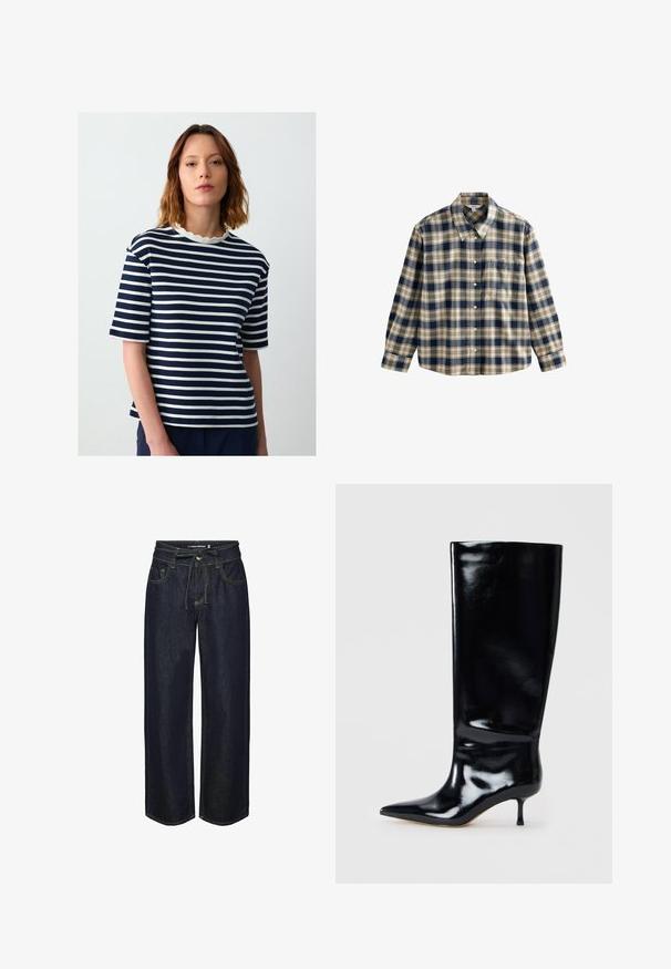 Navy en witte gestreepte t-shirt met korte mouwen en een scalloped ronde hals, gemaakt van een zachte stof met een relaxed fit.; Geverifieerd flanellen overhemd in marineblauw, crème en beige. Bevat een kraag, knopenfront, lange mouwen en een enkele borstzak. Zachte textuur.; Donkerdenim wijde jeans met een trekkoord in de taille, voorzien van contrasterende stiksels, voorzakken en een iets losse pasvorm.; Kniehoog zwarte leren laars met een glanzende afwerking, puntige neus en een slanke hak. Gladde textuur met minimale ontwerpelementen.
