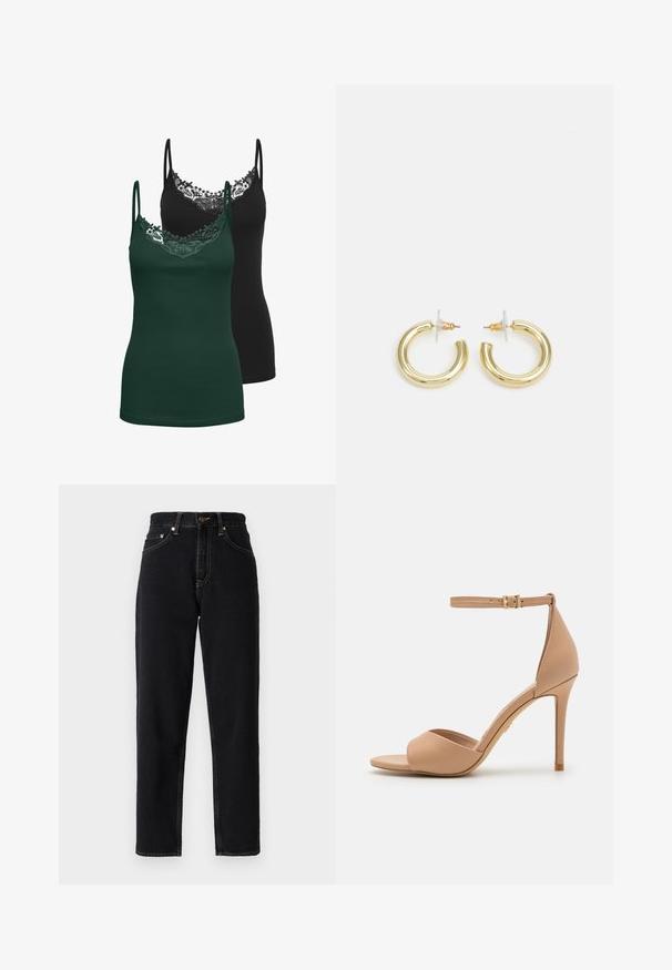 Dvě tílka: jedno černé a jedno tmavě zelené. Obě mají krajkový lem kolem výstřihu a tenké nastavitelná ramínka. Měkká, elastická látka.; Černé džíny z denimu s rovnou nohavicí, vysokým pasem a kontrastním švem. Obsahují pět kapes a zapínání na zip.; ALDO CRERIDE PILLOW WALK - Páskové sandály - beige; Zlaté kruhové náušnice s hladkým, lesklým povrchem. Kruhový design s malým kolíčkem a průhledným záznamem pro bezpečné nošení.