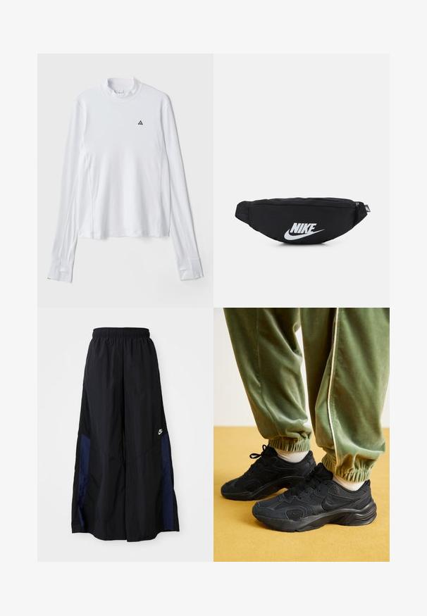 White long-sleeve shirt with a high neckline, featuring a small black triangular logo on the chest and textured fabric.; Black wide-leg pants made of lightweight fabric, featuring a navy blue side panel and an elastic waistband. Small white logo on bottom.; Black athletic sneakers with mesh and synthetic overlays, textured sole, paired with green, elastic-cuffed sweatpants, on yellow surface.; Black nylon fanny pack with a zippered closure, featuring a large white Nike logo. Smooth texture and ergonomic design for comfortable wear.