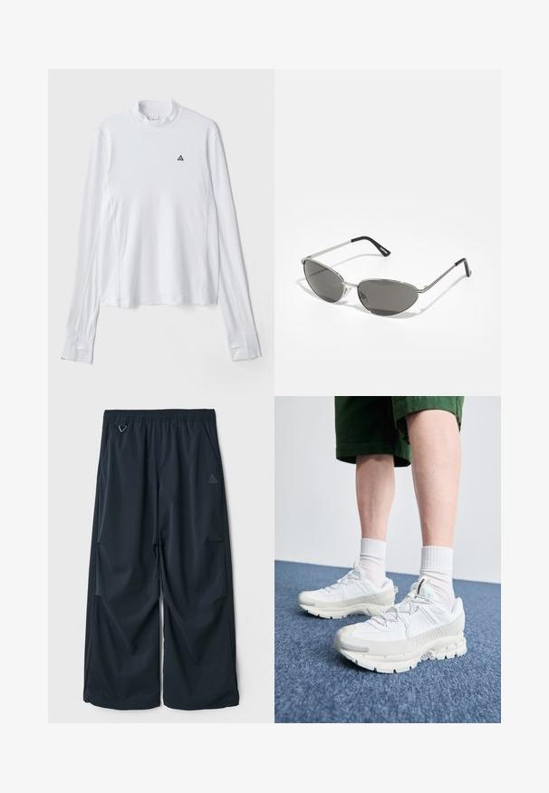 White long-sleeve shirt with a high neckline, featuring a small black triangular logo on the chest and textured fabric.; Dark blue, wide-leg pants with an elastic waistband, featuring two side pockets and a small triangular logo on the left side. Smooth texture.; White athletic shoes with textured overlays, a chunky sole, and gray accents. Worn with white crew socks and green shorts on a blue surface.; Sunglasses with a sleek, silver metal frame, gray tinted lenses, and an aerodynamic design featuring pointed edges and thin arms.