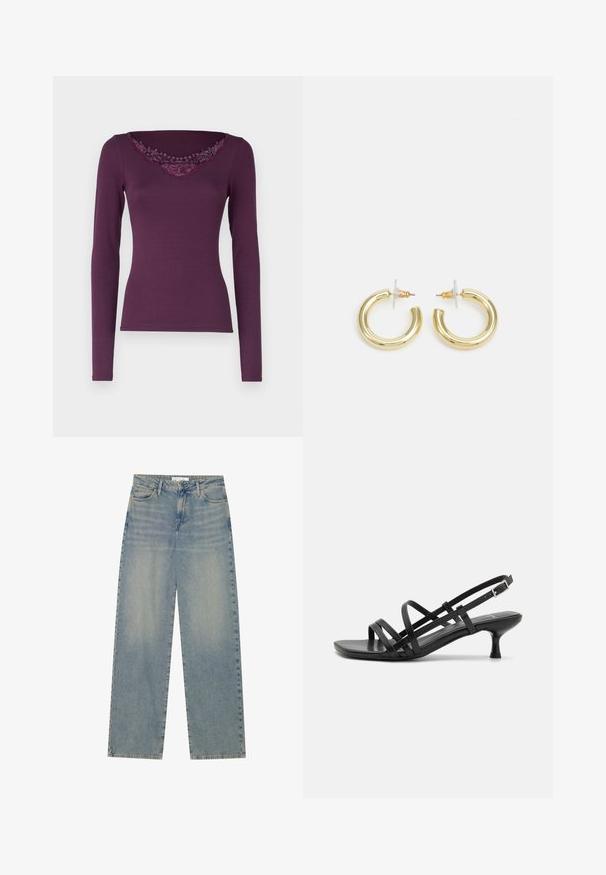 Μακρυμάνικη μπλούζα σε σκούρο μωβ χρώμα από ύφασμα βαμβακερού μείγματος, διακοσμημένη με δαντελένιο περιθώριο στον V- λαιμό. Στενή γραμμή με λεία υφή και χωρίς ορατές κλείστρα.; Ανοιχτό μπλε ψηλόμεσες τζιν παντελόνες με ίσια γραμμή, μπροστινές τσέπες, θηλιές για ζώνη και ορατό κούμπωμα με κουμπί και φερμουάρ.; Μαύρες ψηλοτάκουνες σάντλας με πολλαπλές διασταυρούμενες λωρίδες. Λείο υλικό, μυτερή μύτη και στενός τακούνι. Ρυθμιζόμενη λωρίδα στον αστράγαλο με αγκράφα.; Χρυσά σκουλαρίκια κρίκοι με ομαλή, γυαλιστερή επιφάνεια. Κυκλικός σχεδιασμός που διαθέτει μια μικρή βάση και διαφανή στήριξη για ασφαλή χρήση.