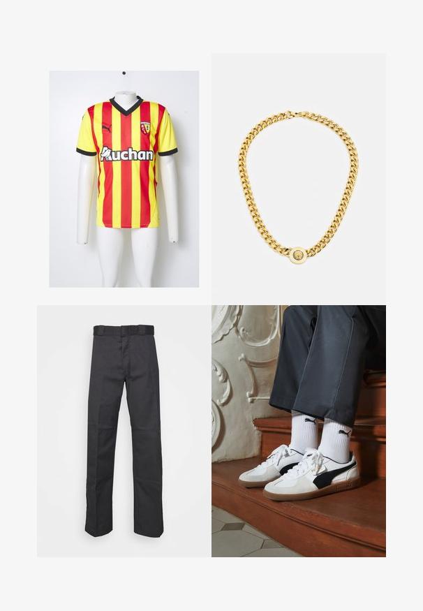 Punainen ja keltainen raidallinen jalkapallopaita, jossa on musta V-kaulus, lyhyet hihansuut ja logo rinnassa. Sisältää teksturoitua kangasta ja sivuakkentteja.; Mustat pantsit kestävästä kankaasta, suoran lahkeen muotoilu, vyötärönauha, jossa on vyölenkit, ja saumat lisätekstuuria varten.; Puma-tenniset valkoisesta ja mustasta mokasta, joissa on ruskea kumipohja. Yhdistetty valkoisten sukkien kanssa, joissa on musta logo, tummien housujen kanssa.; Kultaketju, jossa on suuret toisiinsa kytkeytyvät lenkit, keskellä on pyöreä pendantin yksityiskohta, jossa on kohotettu emblem.