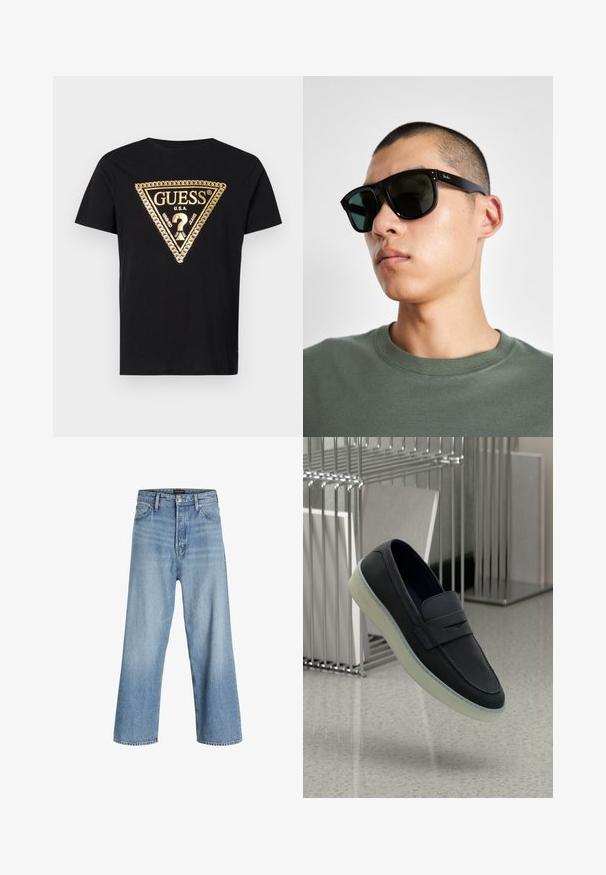Guess CHAIN - Triko s potiskem - jet black; Svetle modré volné džíny z denimu, s vysokým pasem, klasickým pětikusovým designem a zapínáním na knoflík se zipem.; Námořnické kožené boty na slip-on s kulatou špičkou, ozdobeným páskem a průhlednou gumovou podrážkou. Jemné logo na boku.; Černé obdélníkové sluneční brýle s tmavými skly, které mají charakteristický tvar a logo na straně. Nosí je osoba v zelené košili.