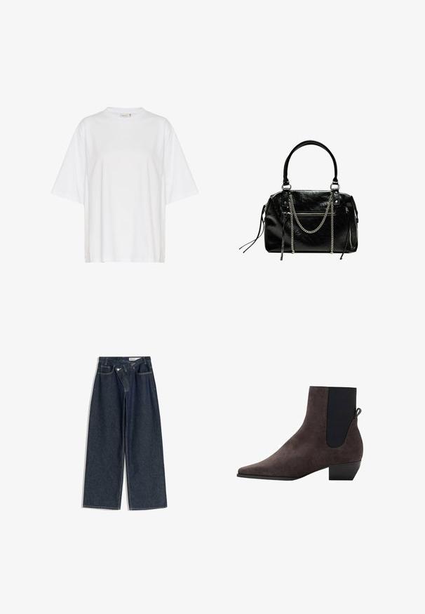 Hvid kortærmet t-shirt med afslappet pasform. Det simple design har et diskret prægning af logoet på forsiden. Lavet af bomuldsstoff, glat tekstur.; Viddebenede, mørkeblå denimjeans med høj talje, fem lommer og kontrastsyning. Har metalknap og lynlåslukning.; Mørkegrå ruskindsankelstøvle med spids tå, elastiske sidepaneler og en lille blokhæl. Har en strop bagpå.; Bershka WITH CHAIN - Håndtasker - black