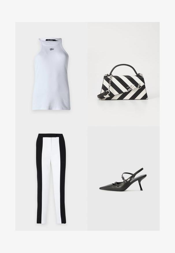 Hvit ribbestrikket tanktopp med høy hals og ermeløs design. Har en liten svart Karl Lagerfeld-logo i midten. Myk stofftekstur.; Svart-hvite tapered bukser med smal passform og kontrasterende paneler. Stoffet har en glatt tekstur; midjebåndet er flatt og tettsittende.; Sorte skinn slingback-hæler med spiss tå, slank hæl og dekorativ spenne detalj på vampsiden. Glatt tekstur og stilrent design.; Svart- og hvitstripet håndveske med en strukturert form, som har et topphåndtak, en avtakbar kjedestropp, og metallisk logo-akcent.