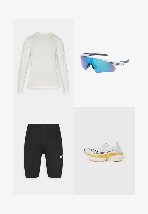 Salomon SHKOUT CORE TEE - Top dugih rukava - icicle; Crne atletske gaće s glatkom teksturom, prilagođenim dizajnom i bijelim logotipom s lijeve strane. Nema vidljivih džepova ili metalnih detalja.; Bijela trkačka cipela s teksturiranim mrežastim gornjim dijelom, crnim swoosh dizajnom i šarolikim, slojevitim potplatom s narančastim i žutim naglascima.; Naočale za sunce s bijelim okvirom, sivo-zlatnim detaljima i plavim zrcalnim lećama. Sportski dizajn, oblik koji se prilagođava obliku lica i podesive nosne jastučiće.