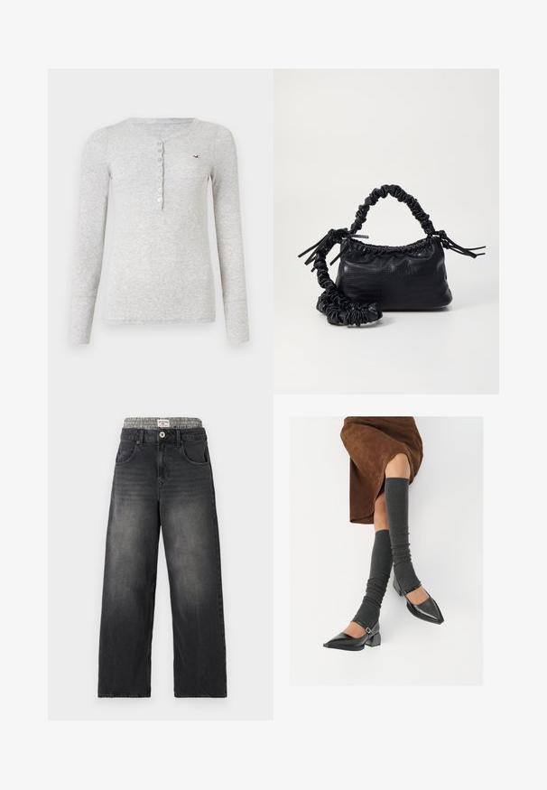 Szara longsleeve z długim rękawem wykonana z rypsowanej tkaniny, z zapięciem na guziki w stylu Henley i małym haftowanym logo na piersi.; Czarne dżinsy o szerokich nogawkach z pasem w wzór houndstooth. Elementy to kieszenie z przodu i zapięcie na guzik. Zniszczona faktura.; Czarne lakierowane buty na szpilce z prostokątnym obcasem i paskiem na kostce, zestawione z szarymi prążkowanymi ocieplaczami na nogi oraz brązową zamszową spódnicą.; Czarna torebka z syntetycznej skóry o teksturze krokodyla, z zaciąganym górnym zamknięciem i marszczonym paskiem. Wygląda na miękką i zwartą w designie.